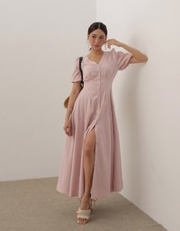 V Neck Button Front Puff Sleeve Flared Hem Maxi Dress