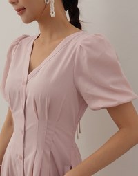 V Neck Button Front Puff Sleeve Flared Hem Maxi Dress