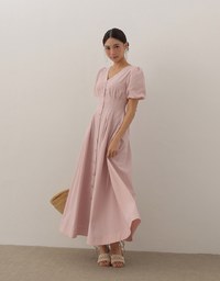 V Neck Button Front Puff Sleeve Flared Hem Maxi Dress