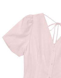 V Neck Button Front Puff Sleeve Flared Hem Maxi Dress