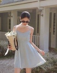 Textured Dot Weave Flare Mini Dress with Spaghetti Straps