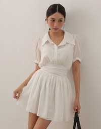 Sheer Chiffon Puff Sleeve Collared Mini Dress with Ruched Waistband Detail