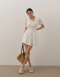 Sheer Chiffon Puff Sleeve Collared Mini Dress with Ruched Waistband Detail