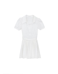 Sheer Chiffon Puff Sleeve Collared Mini Dress with Ruched Waistband Detail
