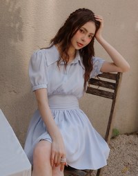Sheer Chiffon Puff Sleeve Collared Mini Dress with Ruched Waistband Detail