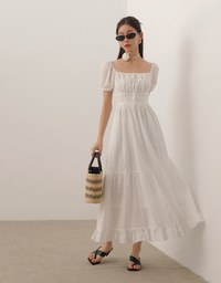 Embroidered Ditsy Floral Maxi Dress with Puff Sleeves and Ruffled Hem