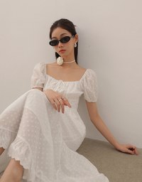 Embroidered Ditsy Floral Maxi Dress with Puff Sleeves and Ruffled Hem