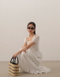 Embroidered Ditsy Floral Maxi Dress with Puff Sleeves and Ruffled Hem