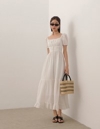 Embroidered Ditsy Floral Maxi Dress with Puff Sleeves and Ruffled Hem