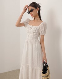 Embroidered Ditsy Floral Maxi Dress with Puff Sleeves and Ruffled Hem