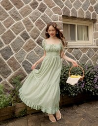 Embroidered Ditsy Floral Maxi Dress with Puff Sleeves and Ruffled Hem