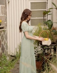 Embroidered Ditsy Floral Maxi Dress with Puff Sleeves and Ruffled Hem