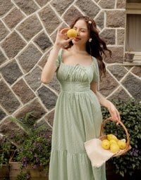 Embroidered Ditsy Floral Maxi Dress with Puff Sleeves and Ruffled Hem
