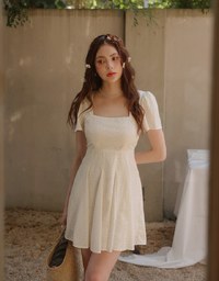 Square Neck Puff Sleeve Ditzy Floral Flare Mini Dress