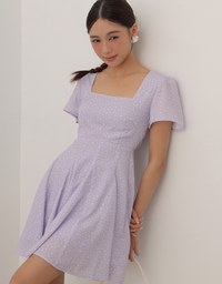 Square Neck Puff Sleeve Ditzy Floral Flare Mini Dress