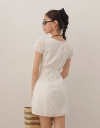 Square Neck Bow Embroidered Puff Sleeve Mini Dress