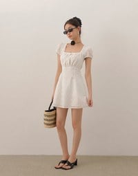 Square Neck Bow Embroidered Puff Sleeve Mini Dress