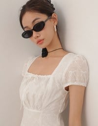 Square Neck Bow Embroidered Puff Sleeve Mini Dress