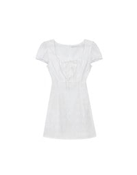 Square Neck Bow Embroidered Puff Sleeve Mini Dress