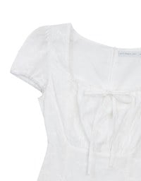 Square Neck Bow Embroidered Puff Sleeve Mini Dress
