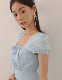 Square Neck Bow Embroidered Puff Sleeve Mini Dress