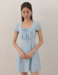 Square Neck Bow Embroidered Puff Sleeve Mini Dress