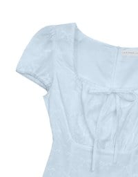 Square Neck Bow Embroidered Puff Sleeve Mini Dress