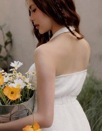 Textured Sleeveless Halter Padded Mini Dress with Ruffled Hem