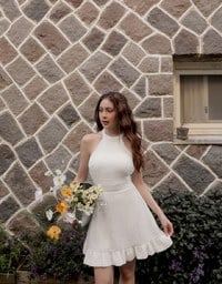 Textured Sleeveless Halter Padded Mini Dress with Ruffled Hem