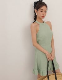 Textured Sleeveless Halter Padded Mini Dress with Ruffled Hem
