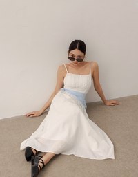 Embossed Texture Cinched Waist Padded Flowy Maxi Dress