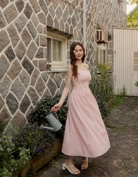 Embossed Texture Cinched Waist Padded Flowy Maxi Dress