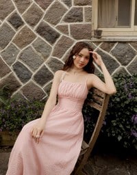 Embossed Texture Cinched Waist Padded Flowy Maxi Dress