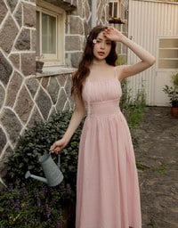Embossed Texture Cinched Waist Padded Flowy Maxi Dress