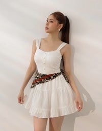 Pinstripe Texture Wide Strap Button Front Ruffle Tiered Mini Dress