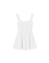 Pinstripe Texture Wide Strap Button Front Ruffle Tiered Mini Dress