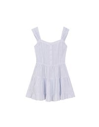 Pinstripe Texture Wide Strap Button Front Ruffle Tiered Mini Dress