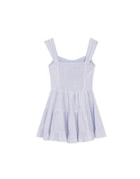 Pinstripe Texture Wide Strap Button Front Ruffle Tiered Mini Dress