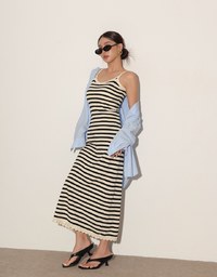 Contrast Trim V Neck Striped Knit Cami Fitted Maxi Dress