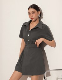 Short Sleeve Snap Button Shirt Collar Mini Dress