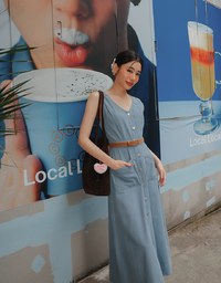 Sleeveless Button Front Maxi Dress with Pockets