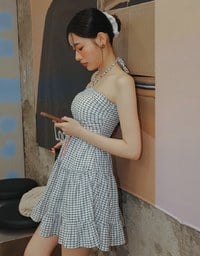 2 Way Halter Tie Gingham Padded Mini Dress with Ruffle Trim