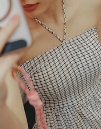 2 Way Halter Tie Gingham Padded Mini Dress with Ruffle Trim