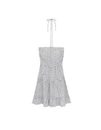 2 Way Halter Tie Gingham Padded Mini Dress with Ruffle Trim