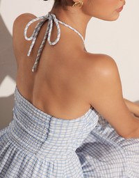 2 Way Halter Tie Gingham Padded Mini Dress with Ruffle Trim