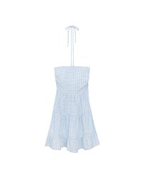 2 Way Halter Tie Gingham Padded Mini Dress with Ruffle Trim