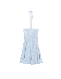 2 Way Halter Tie Gingham Padded Mini Dress with Ruffle Trim