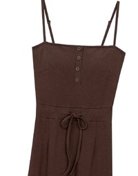 Buttoned Ribbed Knit Bodycon Padded Cami Maxi Dress