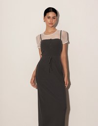 Buttoned Ribbed Knit Bodycon Padded Cami Maxi Dress