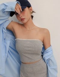 Heart Embroidery Ribbed Padded Tube Top and Basic A Line Mini Skirt Set Wear